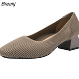 Solid Color Single Shoes Women Low-Heeled Square Toe Shoes Spring Autumn Knitting Shoes Plus Size