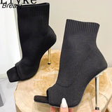 2023 New Sexy Cut-Out Thin High Heels Red Green Knitted Stretch Fabric Ankle Socks Boots Women Party Dance Shoes