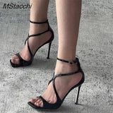 Women's Luxury Sandals Summer Pink Satin Open Toe Stiletto Sandals Concise High Heels Women Pumps Ankle Straps Designer