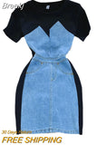 Korean Stylish Patchwork Jeans Dress Women Fashion Summer O-neck Short Sleeve Slim Mini Bodycon Denim Dress