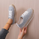 Women Sneakers Woven Gold Sequins Single Shoes Round Head Lace-Up Retro Platform Flats Shoes Light Cozy Walking Vulcanized