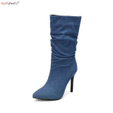 Women Denim Cowboy Boots High Heels Winter Warm Shoes Extra Big Size 45 46 47 48 Mid Calf Boots