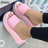 Women for Summer No-Slip Fabric Upper Heels Shoes Home Slipper Soft Platform Sole Ladies Beach Shoes Flip