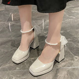 High-heeled Shoes Thick-heeled Shoes Female Pearl Bow Shoes Lady Style Mary Jane Shoes Square Toe Pumps Shoes for