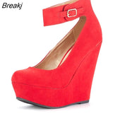 Women Shoes Flock Buckle Bowtie Ankle Strap High Heels Sexy 14cm Platform Wedges Female Pumps Red Wedding