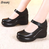 Round Toe Wedge Pumps Women Shoes Mary Jane Shoes Thick Bottom Leather Shoes Platform Pumps Fashion Brand New Large