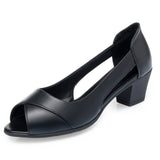 Leather Comfortable Ladies Mid Heel Sandals Women Shoes Hollow Peep Toe Square Heel Sandals Woman