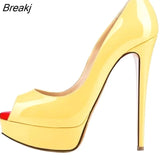 Sexy Peep Toe Platform Women Pumps 14cm Super High Patent Leather Heels Shoes Red Wedding