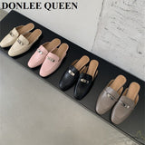 Women Flat Slippers New Fashion Metal Chain Close Toe Mule Shoes Slip On Casual Loafers Brand Slides Flip Flops Zapatos De