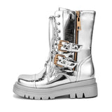 Women Silver Short Boots Belt Buckle Rhinestone Cross Strap Women's Mid Calf Boots Platform Motorcycle Martin Boots Trend