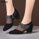 Women High Heel Shoes Mesh Breathable Pumps Zip Pointed Toe Thick Heels Fashion Female Dress Shoe Autumn Elegant