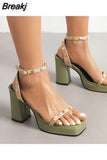 New Fashion 2023 Chunky High Heels Sandals Summer Ankle Buckle Riveted Design Ladies Sandals Comfy Walking Simply