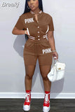 Camouflage Women Two Piece Sets Letter Print Short Sleeve Pockets Baseball Top Shorts Casual Summer Fashion