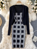 Women knit two piece set plaid print spaghetti strap bodycon mini dress and long sleeve knit cardigan suits womens clothing
