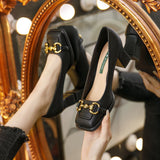 Women's Mid-heel 5.5CM 2023 Summer French Style Back Empty Female Thick Heel Square Toe Mary Jane Shoes Black Green Talon