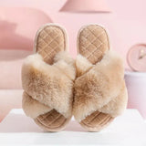 Women's Cross Band White Fur Slippers Winter Warm Plush Soft House Slippers for Women Indoor Open Toe Fluffy Home Shoes