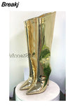 Women's High Boots Gold Silver Pointed Toe Knee-high Boots For Woman Sexy High Heels Party Shoes Ladies Stiletto
