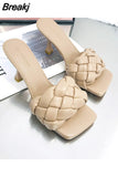 Heels Slippers Women Summer Shoes Slides Low Fashion Heeled Mules Pantofle Luxury High 2023 Basic Retro Fabric Rubber