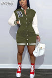 Women Long Sleeve Single Breasted Sweatshirt Style Baseball Casual Mini Dress Autumn 2023 Street Active Dresses