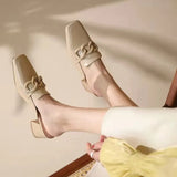 Retro Semi-drag Loafers Chain Woman Women's Round Head Med-heeled Gold Chain Closed Toe Casual