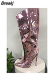 Women's High Boots Gold Silver Pointed Toe Knee-high Boots For Woman Sexy High Heels Party Shoes Ladies Stiletto