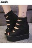 Women's Summer New High Thick Bottom Muffin Wedge Heel Fish Mouth Heel Women's Sandals Platform Black Hollow