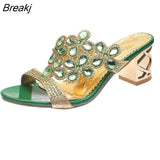 Women Summer Fashion Rhinestone Slipper Sexy Hollow Out Chunky High Heels Sandals Crystal Party Shoes Woman Flip