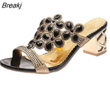 Women Summer Fashion Rhinestone Slipper Sexy Hollow Out Chunky High Heels Sandals Crystal Party Shoes Woman Flip