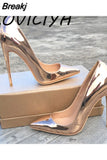 fashion 12 cm extreme high heels shallow mirror pointed toe metal color champagne gold silver QP029