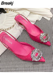 Fashion Crystal Buckle Sandals Women Thick High Heels Pumps Pointed Toe Slingback Shoes Elegant Slip on Mule Dress