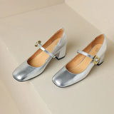 2024 New Silver Square-Headed Mary Jane Shoes With Thick Heels And Single Shoes With Shallow Mouth Buckle High-Heeled
