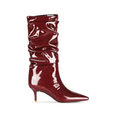 Women Mid-Calf Boots Sexy Solid Color Leather Folds Boots Pointed Toe Thin Heels Stiletto Party Shoes Large Size
