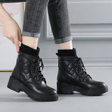 Style Little Martin Boots, Leather, Thick Soles, Fluffy Rice, White Ties, Flat-Soled Chelsea
