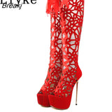 16CM Ultra Thin High Heels Sexy Nightclub Hollow Out Over The Knee Boots Women Peep Toe Lace-Up Zip Platform Shoes