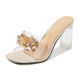 Fashion Girl Bow Crystal Slippers Sexy Transparent Dress Heel Shoes Summer Pearl Bowknot Design 2023 Elegant Party