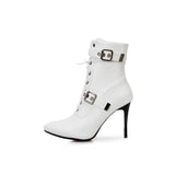 Winter 2023 Mid-Calf Boots Women Pointed Toe Super High and Thin Heel Shoes Buckle Cross-Tied Decorate Size 3~19