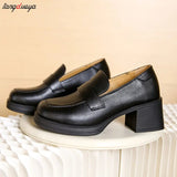 Women Heels Oxford Med Chunky Heel Pumps Shoes Retro Square Toe Slip On Leather England Style Spring Loafer Oxford
