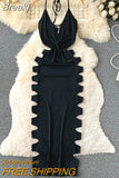 Sexy Women Black Bodycon Long Dress Summer New Lace-up Halter Neck Sleeveless Backless Cut-out Holes Club Party
