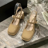 Sandals Med Block Heels Female Shoe All-Match Mary Jane New Medium Chunky Girls Closed Beige Clear Comfort Summer Fashion