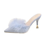 Women High Heels Shoes 2023 Summer New Fur Pointed Toe Thin Heels Women Mules Dress Party Outside Ladies Slippers Plus Size