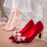 Elegant Ladies Red Silk Wedding Bride Shoes Pearl Bowknot Pointed Toe Pumps Women Sexy Party Dress High Heels Shoes