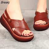 Fashion Handmade Women Sandals 2023 Summer Shoes Genuine Leather Wedges Sandals Women Peep Toe Casual Platform