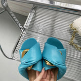 Ladies' Slippers Low Luxury Slides Rivet Slipers Women Designer Soft 2023 Flat Rubber Fabric Rome Hoof Heels PU