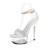 New Sexy Women Shoes High Heels 15cm Summer Woman Transparent Crystal Platform Sandals Plus Size Thin Heels Wedding