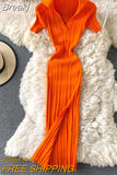 Sexy V-neck Short-sleeved Knit Bodycon Dress Women Casual Summer Slim Elastic High Split Mid-calf Ribbed Long Dress