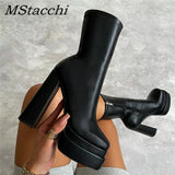 Sexy Chunky High Heels Ankle Shoes For Women Punk Style Zipper Thick Platform Elasticity Microfiber Boots Sapatos