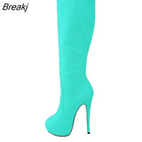 Womens Matte Leather Pointed Toe High Heels Autumn Winter Mid Calf Knee Wide Leg Stretch