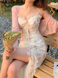 Summer Floral Sleeveless Midi Dress Elegant Sexy French Vintage Strap Dress Woman Party One Piece Dress Korean