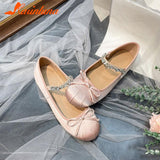 Style Elegant Rhinestone Bow Mary Jean Shoes 2023 Hot Satin Ballerinas Flats Single Shoes Bling Rhinestones Women