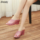 Women Platform Slippers Bling Wedges 2023 Summer High Heel Shoes Woman Casual Jelly Shoes Cut-out Slip On Female Fashion